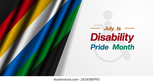 July Is Disability Pride Month. Disability flag and people. Suitable for posters, banners, social media and more. White background. 