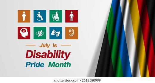 July Is Disability Pride Month. Disability flag, people, human, eye, hand and ear. Suitable for posters, banners, social media and more. White background. 