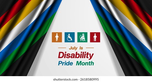 July Is Disability Pride Month. Two disability flag, people and more. Suitable for posters, banners, social media and more. White background. 