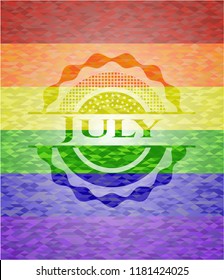 July emblem on mosaic background with the colors of the LGBT flag