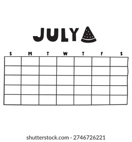July Empty Calendar Horizontal Layout. Undated Summer Organizer with Watermelon.