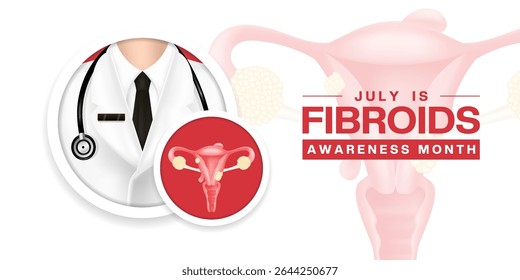 Julho É O Mês De Conscientização Sobre Os Fibroides. Órgãos reprodutivos femininos e médico. Adequado para cartazes, banners e mídias sociais. Fundo branco.