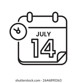 July Fourteenth Calendar Icon Black Clock Line Art