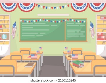 July fourth festive decor in classroom flat color vector illustration. Independence day celebration in school. Patriotic education 2D simple cartoon classroom interior with festive decor on background