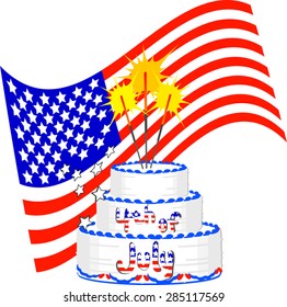 July Fourth Flag and Cake. For a 4th of July party, a red white and blue cake sports sparklers on top. A stars and stripes American flag waves above. Great for Independence Day.