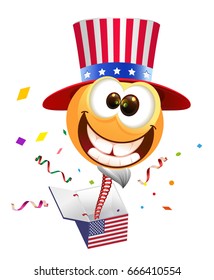 July Fourth Independence Day. Smile Uncle Sam jumps out of box. Isolated on white vector cartoon illustration