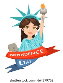 July fourth. Statue of Liberty. July 4th. Independence Day. Cute cartoon stylized character, greeting card. Vector patriotic illustration for USA holidays.