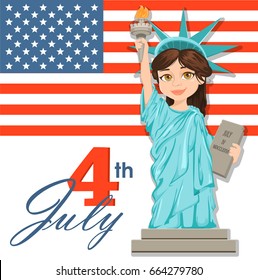 July fourth. Statue of Liberty. July 4th. Independence Day. Cute cartoon stylized character with USA flag on background. Vector patriotic illustration for USA holidays. 