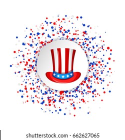 July fourth. Uncle Sam hat for the 4th of July with circle made of blue, red and white dots. USA Independence day greeting card. Patriotic vector illustration.