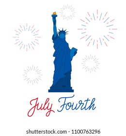 July Fourth. USA Independence Day greeting card. Design layout with custom lettering, fireworks and Statue of Liberty