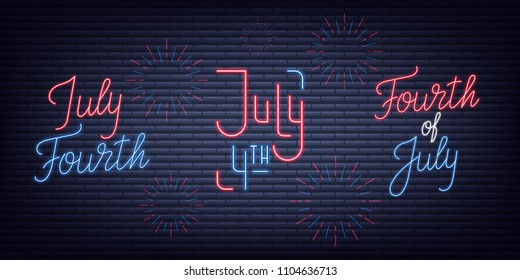 July Fourth. USA Independence Day neon signs collection. Fourth of July holiday neon banners