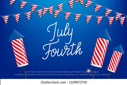 July Fourth, USA Independence Day celebration. Banner with lettering, buntings and fireworks