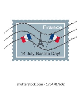 July French National Day. Postage stamp Happy Bastille Day. Vector illustration