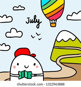 July hand drawn illustration with cute marshmallow going to the trip cartoon minimalism