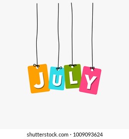 July hanging words vector, colourful words vector, name of months vector isolated on white background