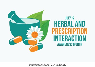 Julho é Herbal e Prescrição Interação Conscientização mês cartaz ilustração vetor. Argamassa e pilão da farmácia, ervas e vetor cápsula médica. Modelo para plano de fundo, banner, cartão