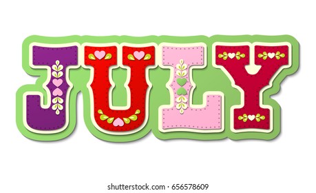 July, illustrated name of calendar month on white background, vector illustration, eps 10 with transparency