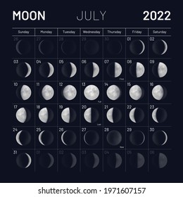 July Lunar Calendar 2022 Dark Night Sky Backdrop. Month Cycle Planner, Astrology Schedule Template, Moon Phases Banner, Poster, Card Design Vector Illustration