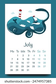 July maritime adventure calendar design featuring playful ocean monster and striped lighthouse.
