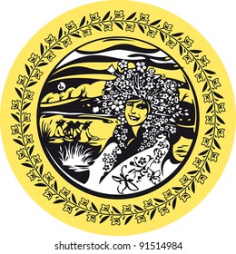 July.  A Midsummer Night's Dream. There is a woman with crown of flowers. She symbolizes the summer.