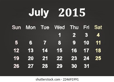 July Month 2015 Calendar On Blackboard