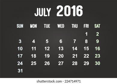 July Month 2016 Calendar On Blackboard