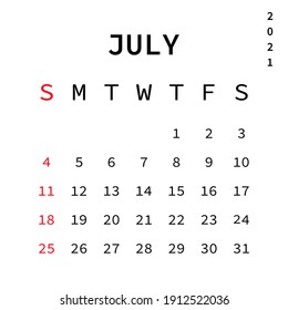 July month 2021 calendar. Vector EPS 10. Isolated on white background