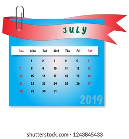 July month calendar 2019 vector with blue background and red ribbon with paper clip. Happy new year 2019