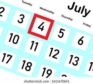 July month calendar with red stroke on Independence Day of the United States of America