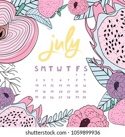 July Month Calendar Summer Calendar Fruit Stock Vector (Royalty Free ...