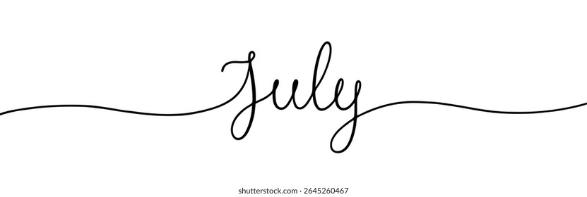 Dibujo de una línea continua del mes de julio con la palabra. Dibujo minimalista de ilustración de frase.