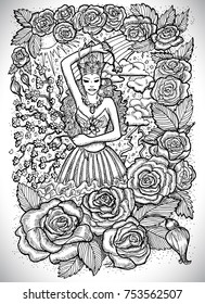 July month graphic concept. Hand drawn engraved fantasy illustration. Beautiful queen of summer sitting on swings against the background of swans, waterfall and flowers