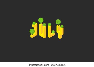 july month summer greeting text. isometric 2.5D seasonal illustration