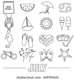 july month theme set of simple outline icons eps10