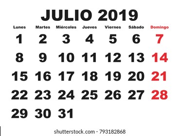 July month in a year 2019 wall calendar in spanish. Julio 2019. Calendario 2019