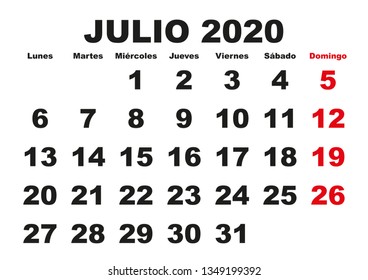 July month in a year 2020 wall calendar in spanish. Julio 2020. Calendario 2020