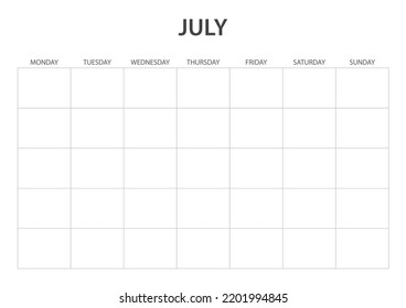 July Monthly Blank Calendar printable