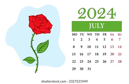 July Monthly calendar 2024 with a rose