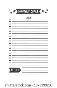July Monthly Goals. Vector Template for Agenda, Planner and Other Stationery. Printable Organizer for Study, School or Work. Objects Isolated on White Background.