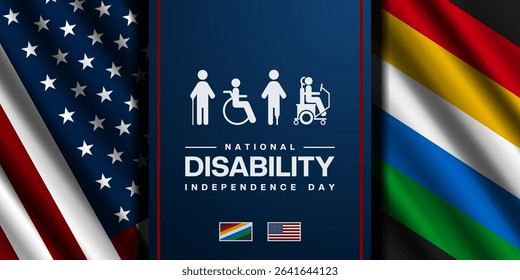July Is National Disability Independence Day. American,  disability flag and disability icon. Suitable for posters, banners and social media. Blue background.
