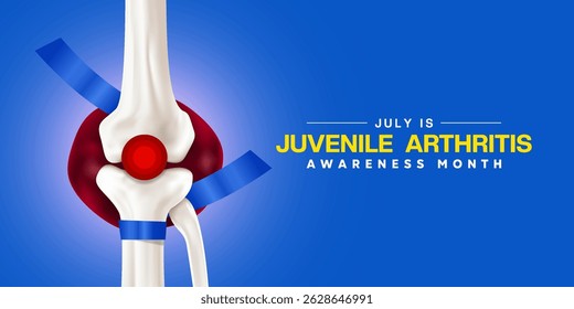 July is National Juvenile Arthritis Awareness Month. Bone, ribbon and light. Great for posters, banners, social media and more. Blue background.