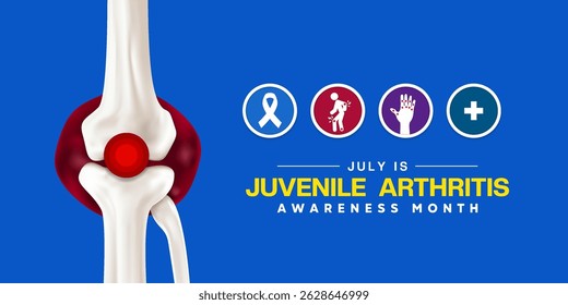 July is National Juvenile Arthritis Awareness Month. Bone, ribbon, people, hand and plus icon. Great for posters, banners, social media and more. Blue background.