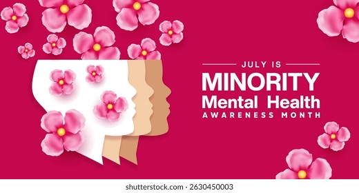 July is National Minority Health Awareness Month. Human and flowers. Suitable for posters, banners and social media. Pink background.