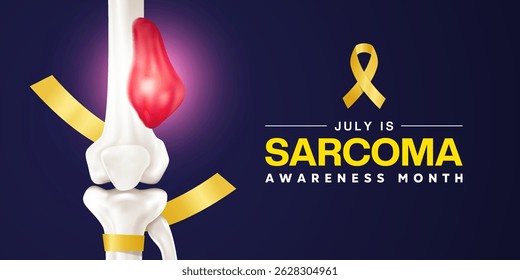 July is National Sarcoma Awareness Month. Bone, cancer, ribbon and light. Great for posters, banners, social media and more. Dark background.