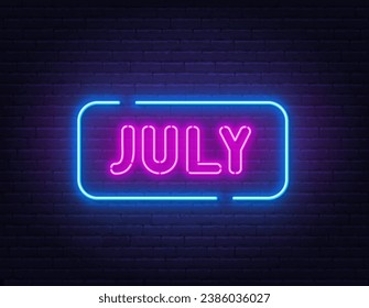 July neon neon sign on brick wall background.