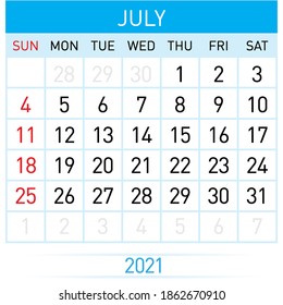 July Planner Calendar 2021. Illustration of Calendar in Simple and Clean Table Style for Template Design on White Background. Week Starts on Sunday