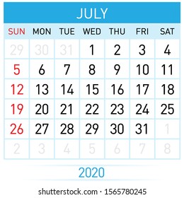July Planner Calendar. Illustration of Calendar in Simple and Clean Table Style for Template Design on White Background. Week Starts on Sunday