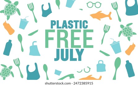 July is Plastic Free July background template with turtle, bottle, plastic bag picture. use to background, banner, placard, card, and poster design template. A month for the environment.