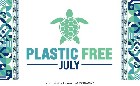 Juli ist eine plastikfreie Juli-Hintergrund-Vorlage mit Schildkrötenbild. Verwenden Sie zum Hintergrund, Banner, Plakat, Karte und Poster-Design-Vorlage. Einen Monat für die Umwelt ohne Plastik, ohne Müll im Juli