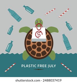 July is Plastic Free July background template with turtle, bottle, plastic bag picture. use to background, banner, placard, card, and poster design template. A month for the environment. Victor Art.